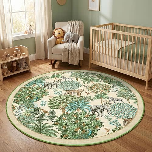 GarveeHome Round Rug 4Ft Washable Circle Animal Print Entryway Rugs, Beige