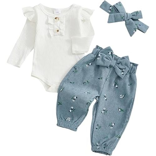 fhutpw Newborn Baby Girl Clothes Rib Frill Long Sleeve Romper Daisy Flared Pants Headband Set 3pcs Fall Winter Outfits
