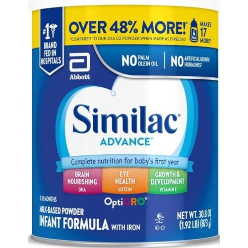 Similac Advance Baby Formula Powder With Iron, Inspired by Breast Milk | Nutritionally Complete Infant Formula for Babies, Support for Brain & Eye Development, Easy to Digest, 30.8 oz value-size can