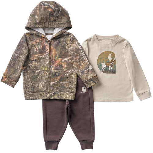 Boys' 3-Piece Long Sleeve T-Shirt, Full-Zip Hooded Camo Jacket & Fleece Pant Set (Baby)