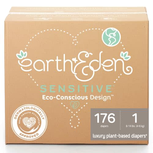 Earth & Eden Sensitive Baby Diapers, Size 1, No Harsh Chemicals, 176 ct | Eco-Conscious, Hypoallergenic, No Harsh Chemicals, Dermatologically Approved