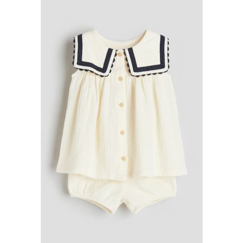 2-piece Muslin Dress and Bloomers Set, Cream/navy blue