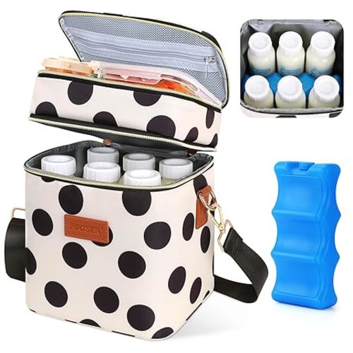 Breastmilk Cooler Bag with Ice Pack, Fits 6 Baby Bottles Up to 9 Oz, Stylish Baby Cooler Travel Bags with Shoulder Strap, Double Layer & Leakproof for Nursing & Working Moms, Black Polka Dots