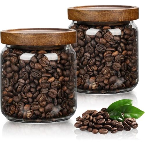 2PCS Small Glass Storage Jars with Airtight Lids, 17 fl oz (500ml) coffee container with Wooden Lid, Glass Pantry Canister for Beans, Rice, Sugar and etc
