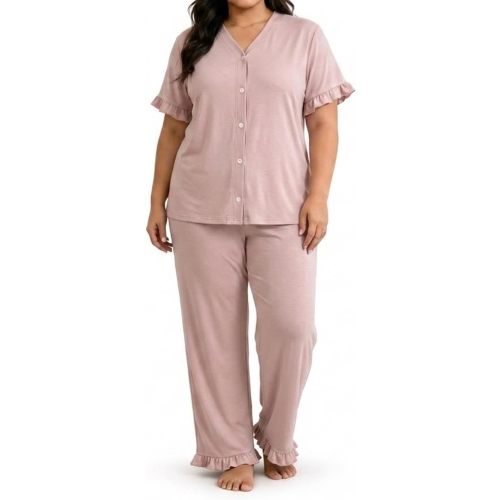 YUNLING Plus Size Women 2Pcs Pajama Set V-Neck Button Ruffle Sleepwear