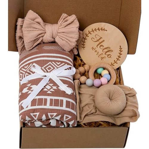 Baby Girl Gift Set - 5-Piece Baby Girl Shower Gifts with Muslin Swaddle Blanket, Wooden Teether, Headbands & Hello World Milestone Card - Newborn Welcome Box, Unique Present for Girls
