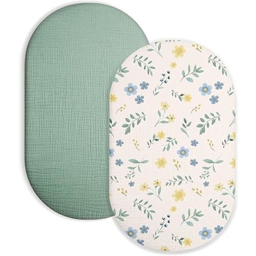 Bassinet Sheet for Baby Boy and Girl 2 Pack, Fitted Sheets for Rectangle, Oval, Hourglass Bassinet Mattress, Muslin Moses Basket Sheets with Neutral Style (Spring Garden & Sage)