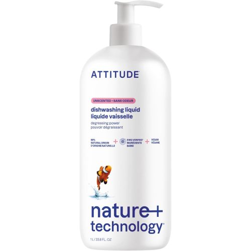 ATTITUDE Dish Soap, EWG Verified, Plant-Based & Vegan Dishwashing Liquid, Naturally Derived, Unscented, 33.8 Fl Oz