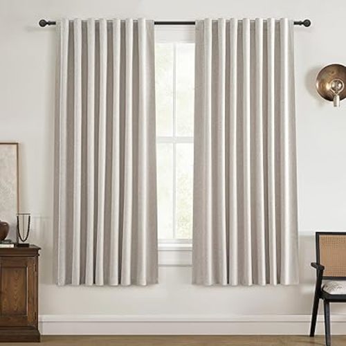 100% Blackout Curtains 45 Inches Long 2 Panels Set, Short Linen Heat Blocking Drapes 46 Inch Small Window Decor for Kitchen Bedroom Bathroom Thermal Insulated Textured Look Hook Belt