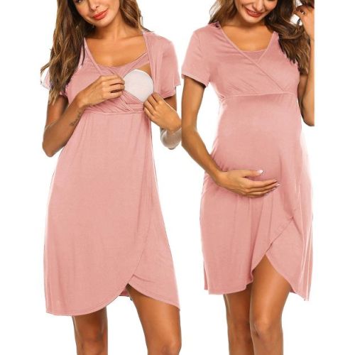 Ekouaer Nursing Nightgown 3 In 1 Maternity Nightgown Short Sleeve Nursing Gown Breasfeeding Sleepwear Delivery Dress&nbsp;Pink&nbsp;XXL