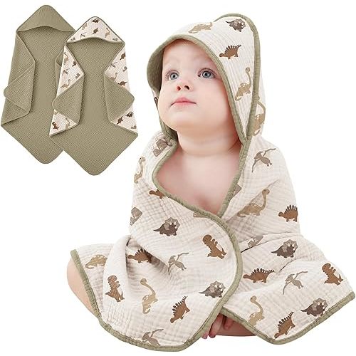 Susurration 2 Pack Baby Hooded Towels, 100% Cotton Soft and Absorbent Muslin Baby Bath Towel for Newborn, Infant, Girls, Boys, Baby Essentials