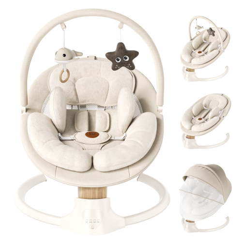 Babyomi Portable Baby Swings for Infants to Toddler, Electric Swing with Music Speaker, 3 Seat Positions , 5 Speeds, and Remote Control - Infant Swing for Indoor and Outdoor, Beige