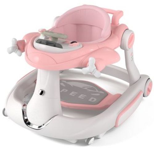 Kinder King 5-in-1 Baby Activity Walker, Convertible Push & Sit-in Walker with Adjustable Height, Foldable, Stable Design, Pink&Beige