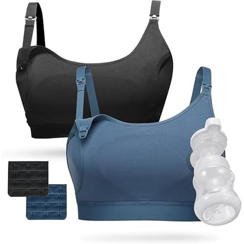 Momcozy Pumping Bra Hands Free, Pumping and Nursing Bra in One Holding Breast Pump for Spectra, Lansinoh, Medela, Black,blue-2pk, Large