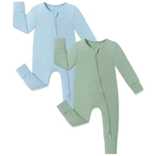 JunNeng Viscose from Bamboo Baby Boy Sleeper Pajamas with Mitts | 2 Way Zipper, Fold-over Mitts, Non-Slip for 6-18 Months, Sleep'N Play Romper, Snug & Breathable, Stretchy & Soft