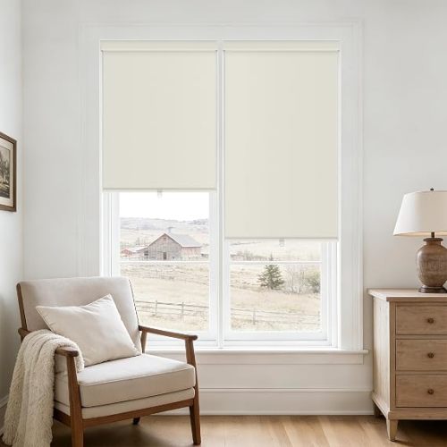 Cordless Black Out Shades for Indoor Narrow Windows Bay Free-Stop Thermal Insulated 100% Blackout Linen Fabric Roller Shades Blinds for Bedroom Living Dining Room Ivory Cream Colored 23 Inch Width
