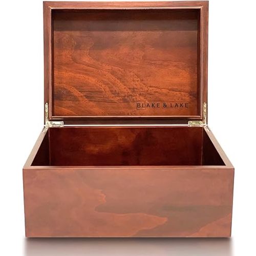 Blake & Lake Large Box with Hinged Lid - Wood Storage Box with Lid - Wooden Keepsake Decorative boxes with lids (Dark Oak)
