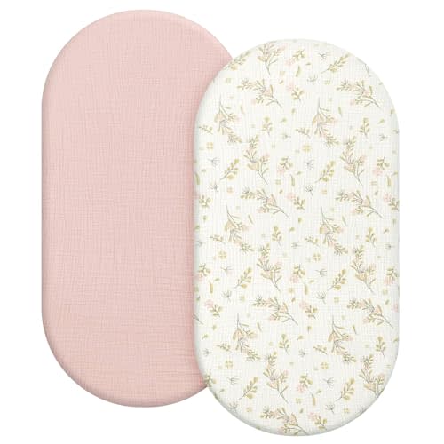 100% Organic Cotton Muslin Baby Bassinet Sheets 2 Pack 33”x17” for Baby Girl Boy, Soft Fitted Mattress Pad Cover Compatible with Halo BassiNest Swivel Sleeper, Graco, Baby Delight, Chicco, Angelbliss