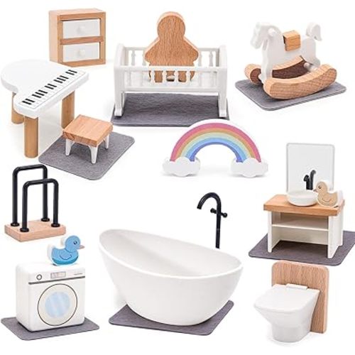 Wooden Dollhouse Furniture Set Elegant Kid’s Room & Bathroom Doll House Accessories, Premium Wood Toys for 3-6 Year Olds, Dollhouse Decor Set for Girls & Boys Birthday Christmas
