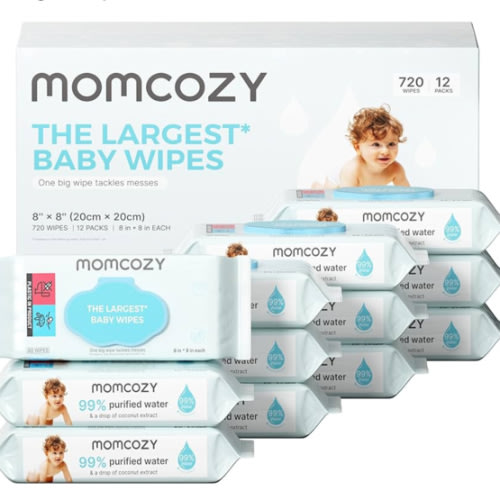 Momcozy Baby Wipes-Extra Large Size Design, 99% Water Based, Unscented & Hypoallergenic, Cleansing & Moisturizing Baby Wipes for Sensitive Skin, 12 Flip-Top Packs (720 Wipes Total)