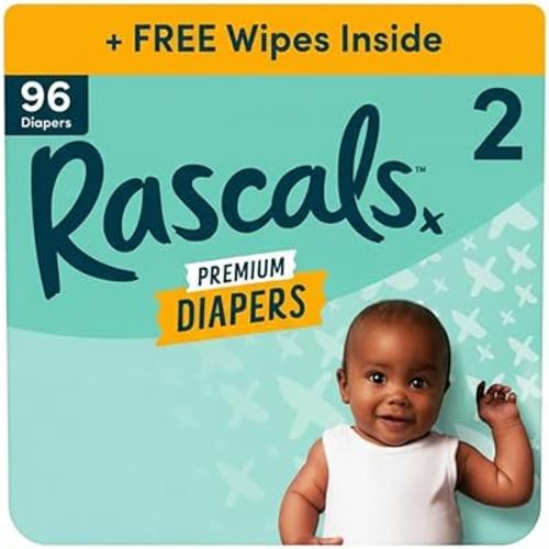 Rascals Premium Absorbent Baby Diapers Size 2, 96 Count, with 5 Sensitive Infant Wipes