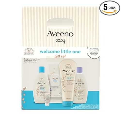 Aveeno Baby Welcome Little One Gift Set, Baby Essentials Set with Daily Moisture Wash and Shampoo, Calming Comfort Bath, Sensitive All Over Wipes, Body Lotion, & Healthy Start Balm, 5 Items