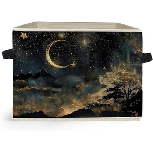 Mystical Crescent Moon Star Celestial Storage Box Bins, Moody Starry Night Sky Collapsible Storage Basket Organizer for Bedroom Laundry Room Home Clothes Books, Decor for Room