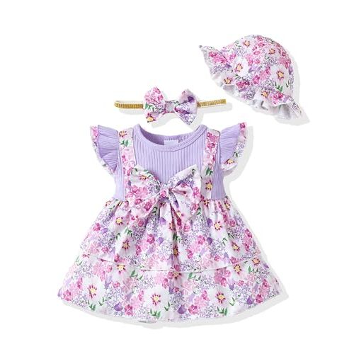 SUNNY PIGGY Baby Girl Clothes Newborn Dress Floral Infant Summer Outfits | 0-18 Months,Cute Flower Baby Sleeveless Dresses,3Pcs Infant Skirt with Hat and Headband,Spring Casual Flutter Sleeve Sundress