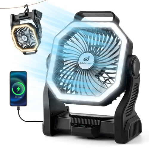 Odoland Rechargeable Camping Fan, 20000mAh Battery Fans with LED Lantern for Tent Car Beach Storm, Portable Light Desk Cooling Fan for Picnic Power Outage Hurricane, Black