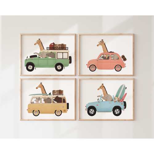 Nursery Wall Prints Set of 4 – Playful Woodland, Safari Animals Driving Cars, Colorful Kids Room Decor