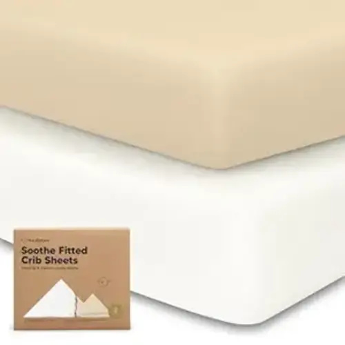 2-Pack Organic Crib Sheets for Boys, Girls - 52x28 Fitted Crib Mattress Sheet Neutral, Breathable Jersey Cotton Cover for Baby Bed, Toddler Mattress, Soft & Cute Prints (Khaki)