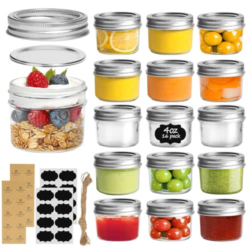 ComSaf Mini Mason Jars 4oz - 16 Pack, Regular Mouth Mason Jar with Lids and Seal Bands, Small Glass Canning Jar for Spice, Jam, Honey, Jelly, Dessert, Shower Wedding Favors, DIY Candles Decor