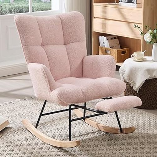 Nursery Rocking Chair with Footrest, Teddy Upholstered Glider Rocker with Side Pocket, Leisure Rocker Chair with High Back, Recliner Rocking Chair, Accent Reading Chair for Bedroom (Pink)