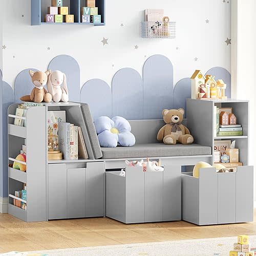 61.5" Kids Reading Nook with 3-Layer Bookshelf, Reading Nook for Kids with Double Bench and Rolling Drawers, Bookshelf and Toy Storage for Nursery, Playroom (Gray)