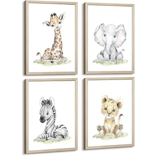Safari Nursery Wall Art Decor Baby Animal Canvas Wall Art Woodland Nursery Wall Decor Kids Jungle Animal Pictures Safari Giraffe Elephant Tiger Prints for Room Bedroom Set of 4 8x10 Inch Wood Framed