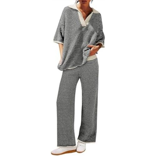 Tankaneo Womens Sweater Set Striped 2 Piece Outfits Oversized 3/4 Sleeve V Neck Knit Tops Wide Leg Pants Fall Lounge Sets
