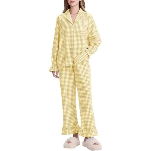 Kissonic Women Gingham Pajama Sets Cotton Long Sleeve Button Down Shirt and Pants Y2K Pjs Lounge Set Sleepwear
