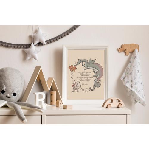 Brave Girl Knight and Dragon Print: Whimsical Nursery Decor with CS Lewis Quote (Digital Download)