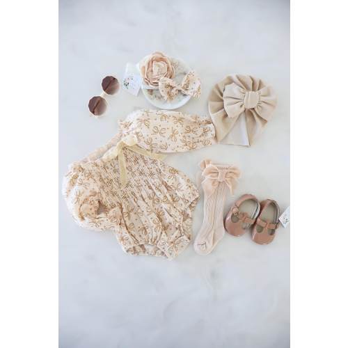 Bow Baby Girl Summer Romper, Summer Neutral Ivory Cream Tan Bow Coming Home Outfit, Wedding Flower Girl, Fall Autumn Thanksgiving Holiday