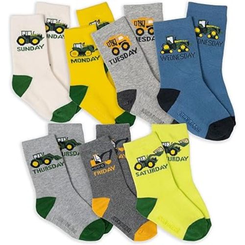 John Deere Truck 7 Pack Non-Slip Grip Crew Socks Infant to Little Kid Sizes (12-24 Months - 4-6)