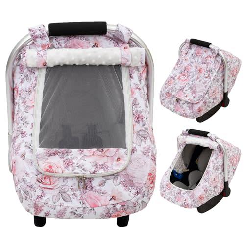 Car Seat Cover Baby Girls, Mink Dot Carseat Covers for Newborn with Breathable Mesh and Sun Shade Window, Warm Stretchy Infant Car Seat Canopy Snug Fit Baby Carrier, Stroller