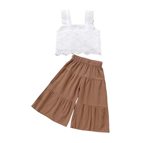 Loicainy Toddler Kids Girl Two Piece Outfits, 12 18 24 Months 2T 3T 4T 5T Floral Lace Sleeveless Crop Tops Elastic Waist Solid Color Flared Pants Summer Clothes Set