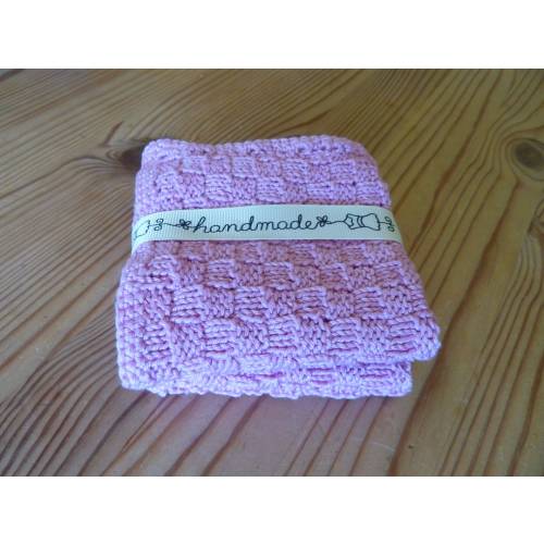 Three hand knitted cotton pink baby washcloths