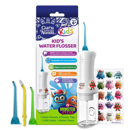 GuruNanda Kids Water Dental Flosser - 4 Flossing Modes, Smart Timer, for Ages 6+- 200ml - White