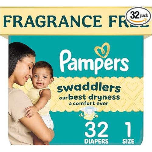 Pampers Swaddlers Diapers, Size 1 (8-14 lbs), 32 Count, Fragrance Free, Hypoallergenic, Absorbent, Pediatrician Recommended, Skin Safe