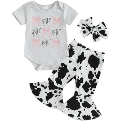 SAYOO Western Baby Girl Clothes Boots or Bows Letter Bodysuit Romper Cow Print Flared Pants Headband Cowgirl Country Outfit