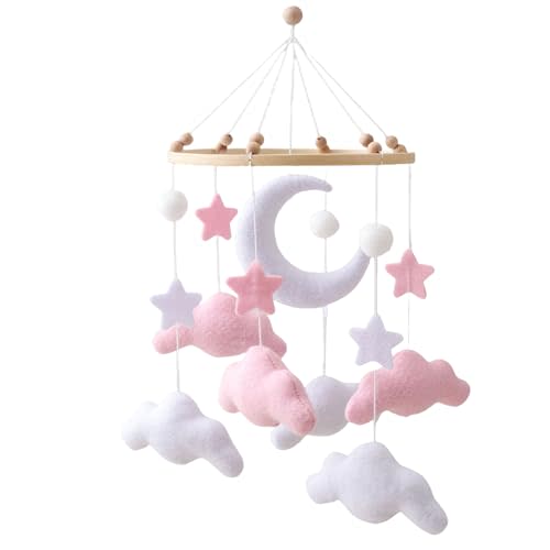 Gray Pink White Cloud Moon Themed Nursery Mobile,Crib Mobile for Baby Boys Girls,Handmade Baby Mobile,Adjustable Cotton Felt Soft Ceiling Mobile,Baby Shower Gifts for New Moms (Pink)