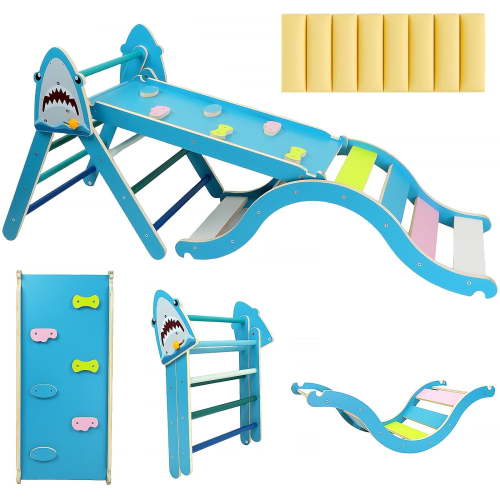 KidsBuddy Pikler Triangle Set with Cushion, 9-in-1 Kids Climbing Toys for Toddlers 1-3 Inside,Montessori Toddler Climbing Toys Indoor,Baby Playground for Children (Shark Pattern)