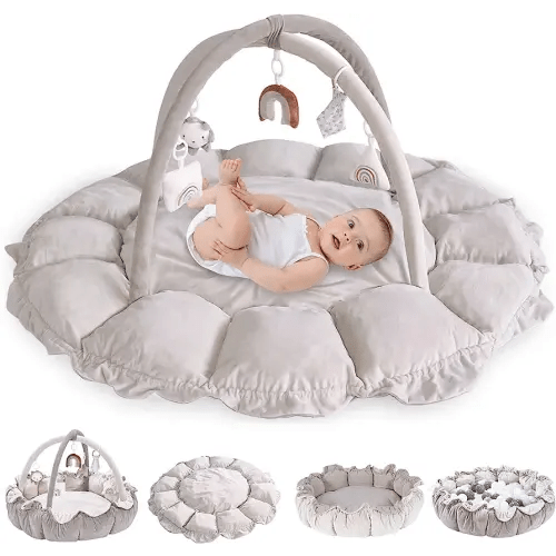 5-in-1 Convertible Baby Play Gym with 6 Toys, Tummy Time Mat for Sensory Development, Baby Activity Center from Newborn to Toddler, Ball Pit, Cat & Dog Bed, Soft Plush Pet Bed, No Ball Included