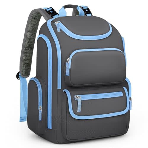 Mancro Diaper Bag Backpack, Large Capacity Dad Diaper Bag with Multiple Pockets, Baby Diaper Bag for Moms and Dads with Stroller Straps, Dark Grey and Blue